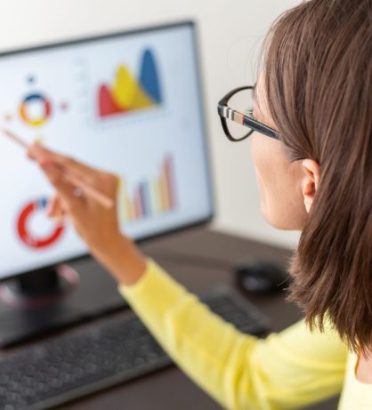Caucasian advisor financial business analytics woman with data dashboard graphs Caucasian advisor financial business analytics woman with data dashboard graphs