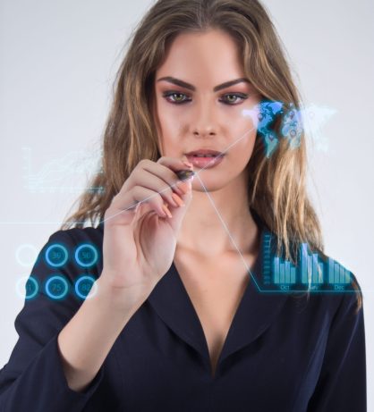 Interface business office of the future, business woman pushing on virtual buttons Interface business office of the future, business woman pushing on virtual buttons.