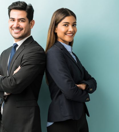 Latin confident professionals in suit standing against isolated background